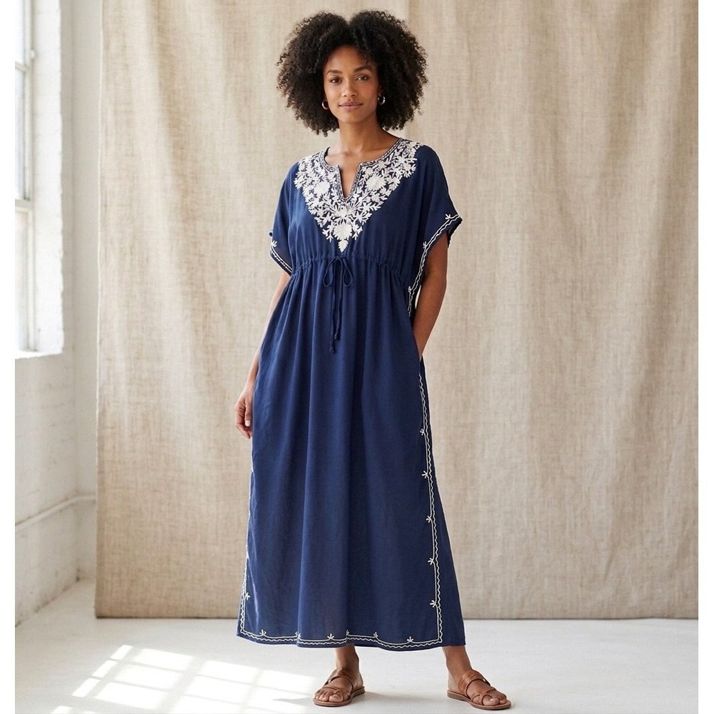 Navy Blue Embroidered Kaftan Dress One Size Rayon Boho Maxi Cover Up One size